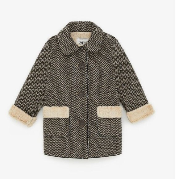 ZARA Faux Fur Lined Coat Outerwear Herringbone Peacoat Back Tan Size 6 - Picture 1 of 7